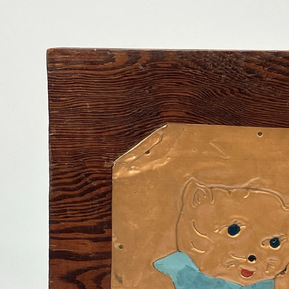 Vtg Hammered Copper Kitten Mounted on Wood Quirky Cottagecore Kitschy